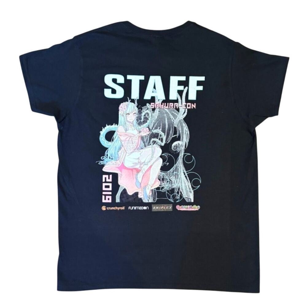 NW Anime 2019 Convention, Sakura-Con Staff T-Shirt, SS Blk Cotton, Size Med, EUC